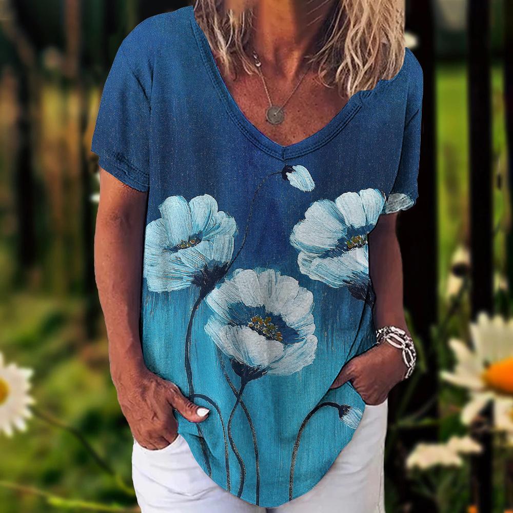 

Новинка 2023 года, женская футболка, летние винтажные топы с цветочным принтом, повседневная блузка с v-образным вырезом, модный женский пуловер большого размера, женская одежда 6XL