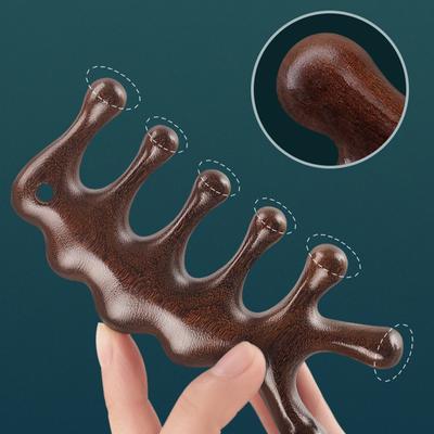Peine de masaje de cinco dientes de sándalo para cabeza, rostro, nariz, ojos, hombros y cuello, antiestático, anticaída del cabello, masaje de meridianos