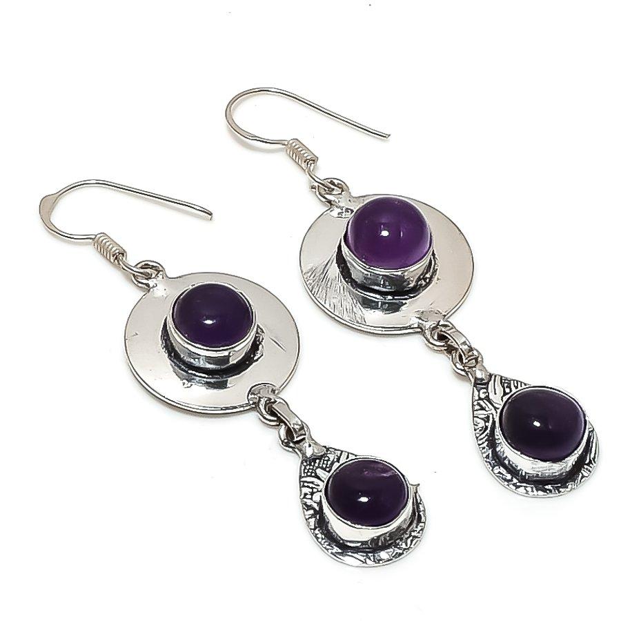 Natural Sage Amethyst Gemstone 925 Sterling Silver Jewelry Earring 2.48" H0g56
