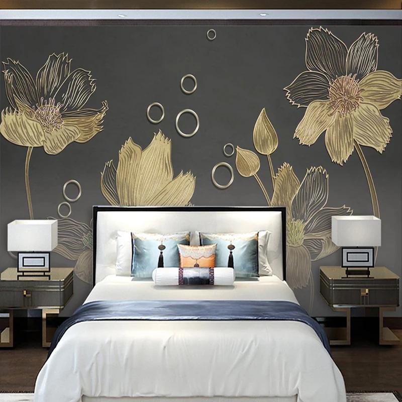 Photo Wallpaper European Style Flowers Golden Embossed Lines Mural Living Room Bedroom Light Luxury Background Wall Paper