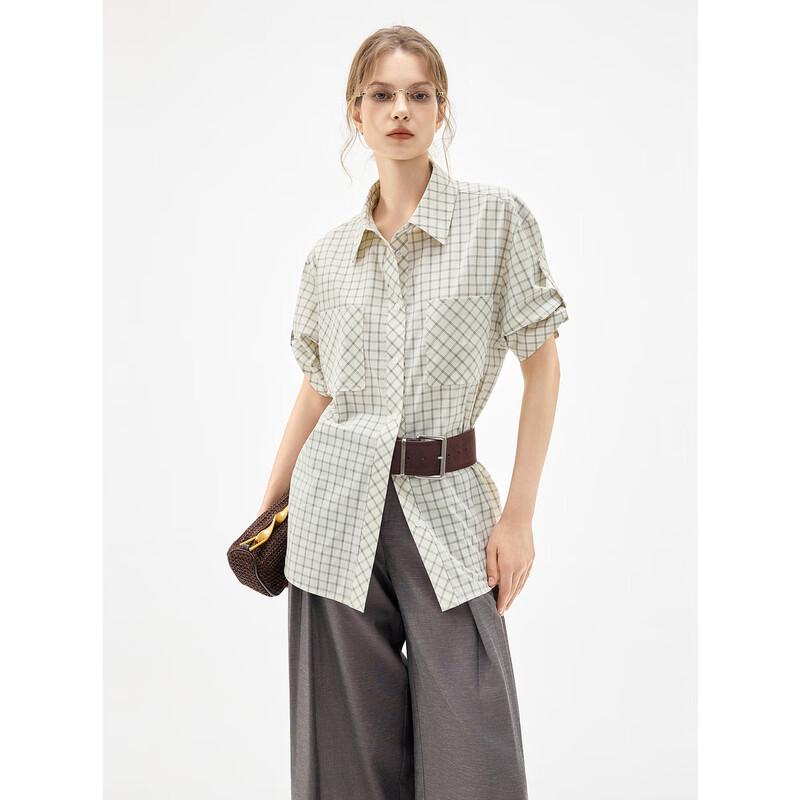 ELLE French Plaid Patchwork Lapel Short Sleeve Cotton Shirt S