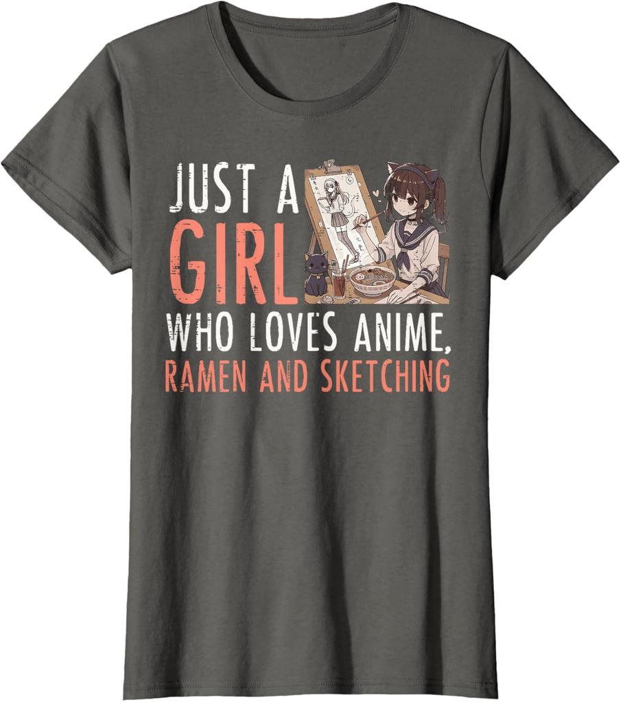 Anime Ramen Sketching Girl Graphic Tee Kawaii Drawing Lover Casual TShirt for Women