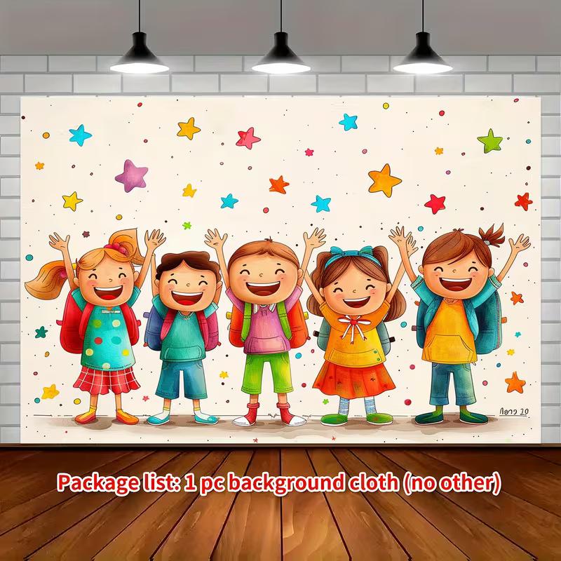 2D Back to School Backdrop, Cheerful Children with Backpacks & Colorful Stars Background 47.2x31.5inch/120*80cm