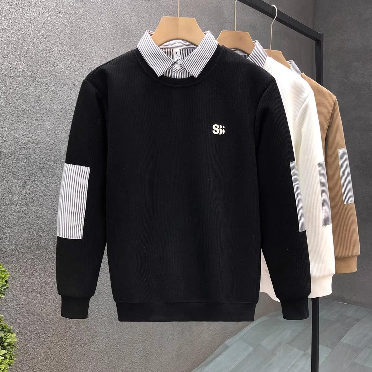 

New men s shirt collar long-sleeved bottoming shirt high-end fake two-piece sweater men s trendy spring and autumn top 2025 winter XXXL чорний