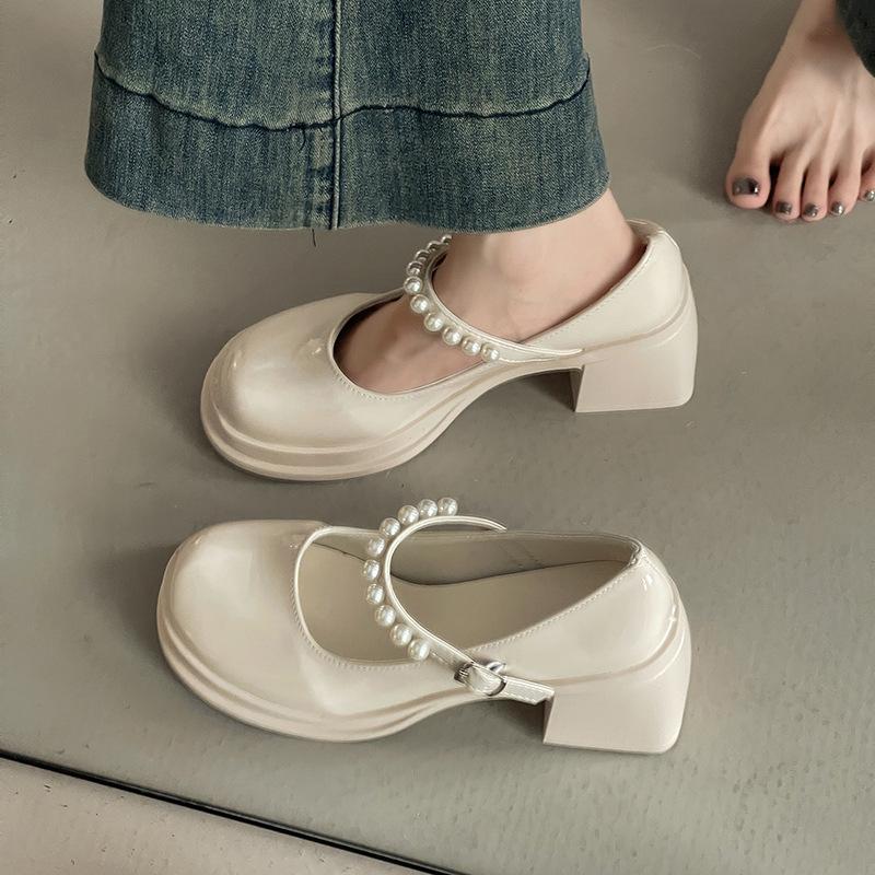 French fairy style loafers retro women Mary Jane shoes summer design pearl high heel small leather shoes single shoes