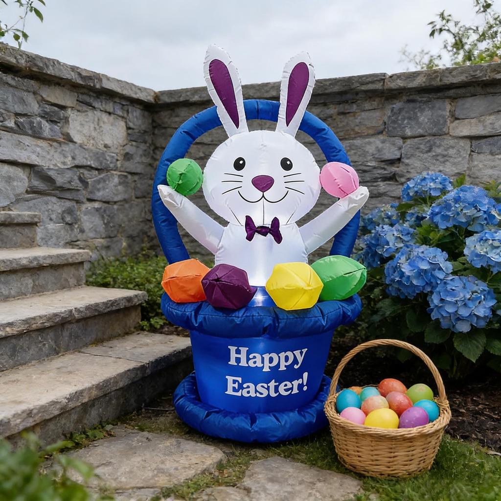 1.2-meter Inflatable Easter Egg, Flower Basket, And Bunny Model; Outdoor Holiday Decoration With LED Lights; Patio Ornament.
