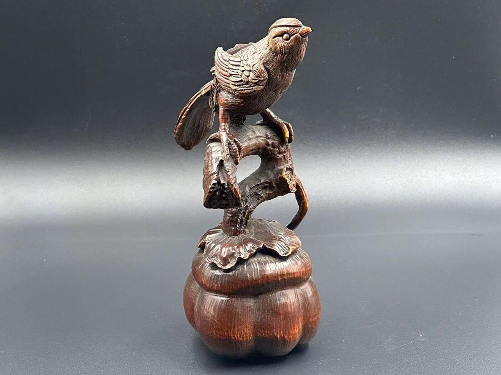 Chinese Antique Boxwood Carved Magpie Statue Exquisite Sculpture Home Decor Art