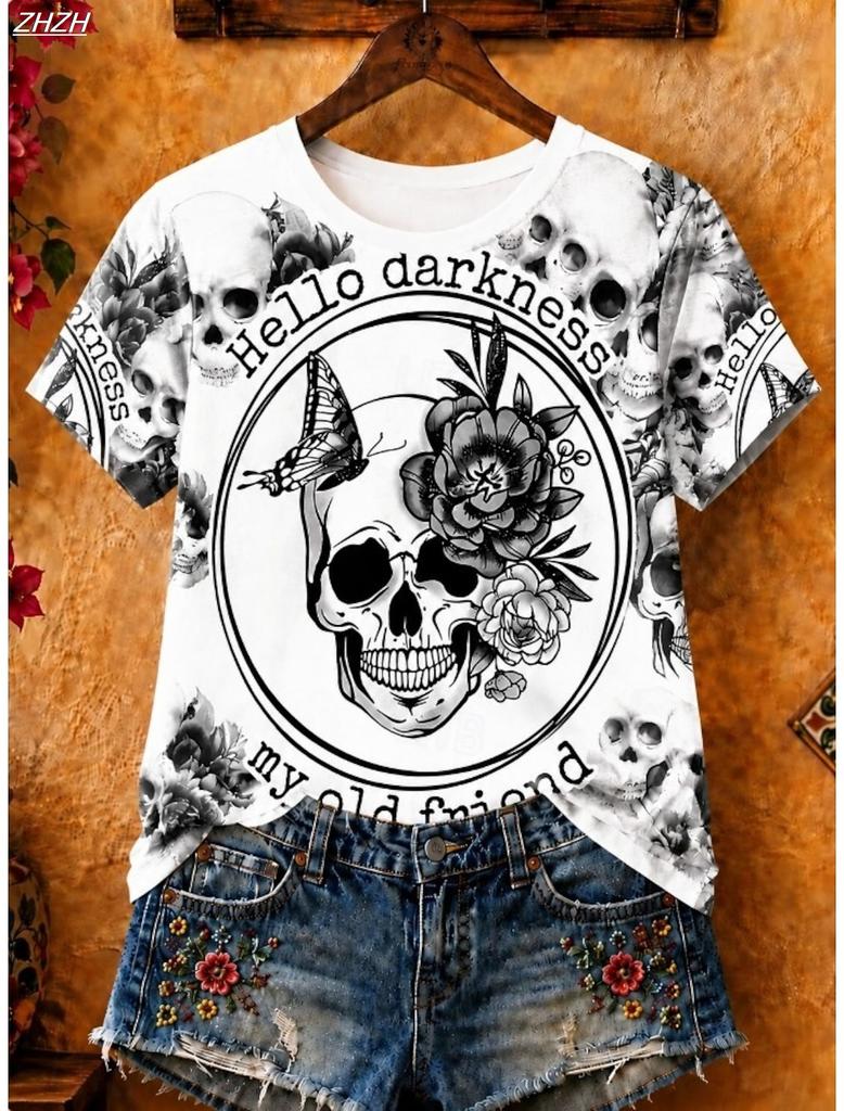 Halloween Women'sT Shirt Print Floral Graphic Skull Vintage Stylish Classic Short Sleeve Crew Neck Regular Tops Casual Daily