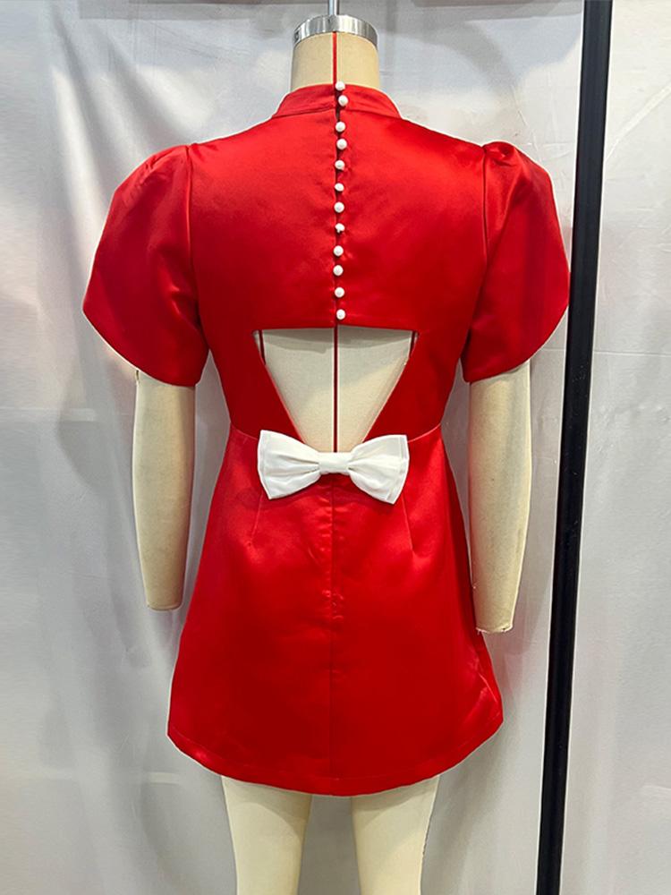Ladies' Standing Collar Bow Short Dress Women's Short Sleeved Dress Christmas Festival Birthday Red Dress