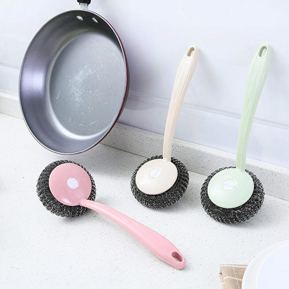Steel Wire Ball Long Handle Brush Pan Dishes Cleaning Stainless Steel Cleaning Ball Household Wash Ball Wire Handle Brush