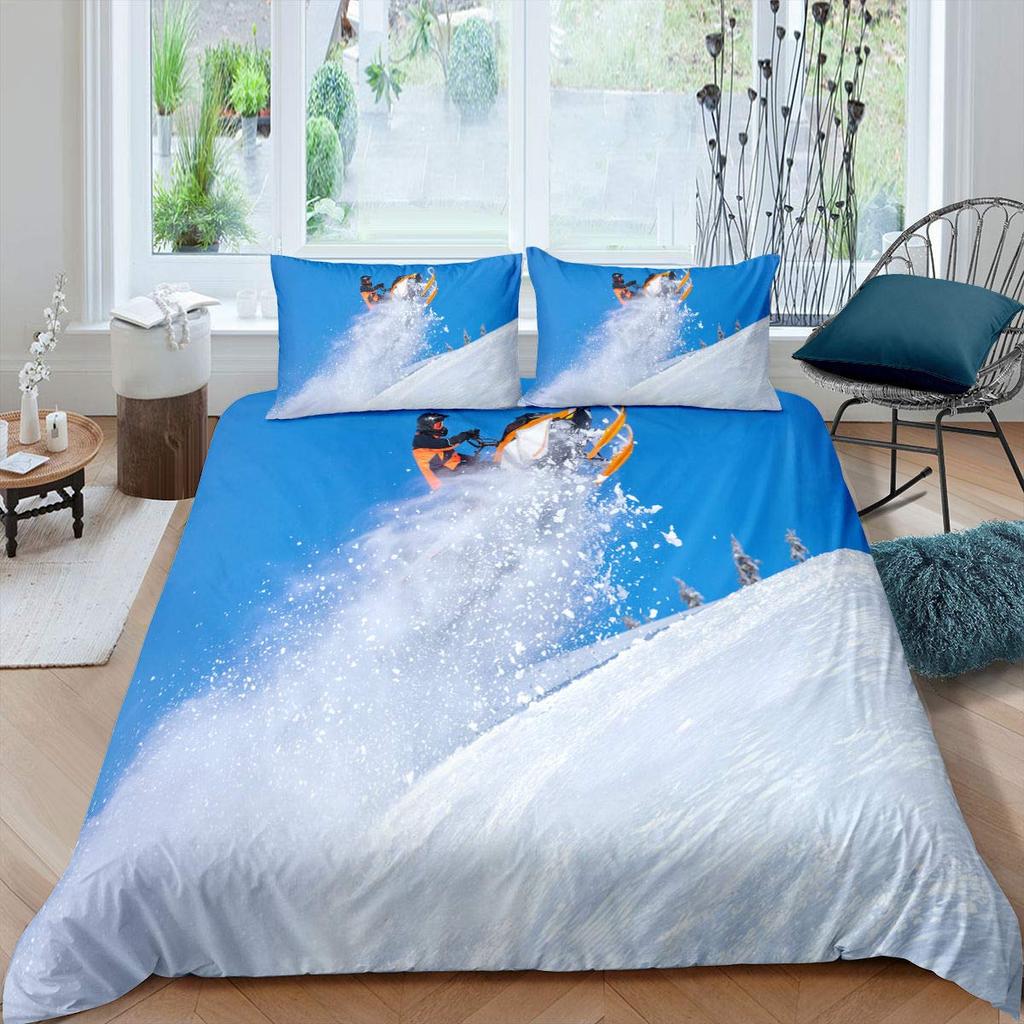 Winter Ski Sports King Queen Duvet Cover Snow Skiing Bedding Set Cartoon High Mountain Landscape 2/3 Pcs Blue White Quilt Cover