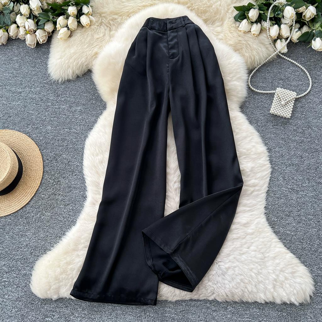 Summer Women Casual Smooth Satin High Waist Pant Trouser with Pocket for Girls