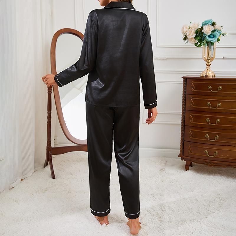 Women Satin Autumn Long Sleeve Buttons Lapel Top & Pants Sleepwear 2 Piece Button-Down Set Cozy