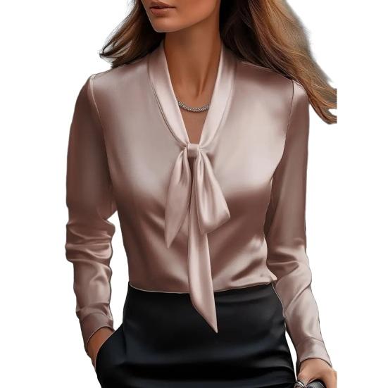 Yousheng Women Shirt V-Neck Lace-up Collar Long Sleeve Satin Texture Blouse Solid Color Regular Fit Office Lady Casual Tops
