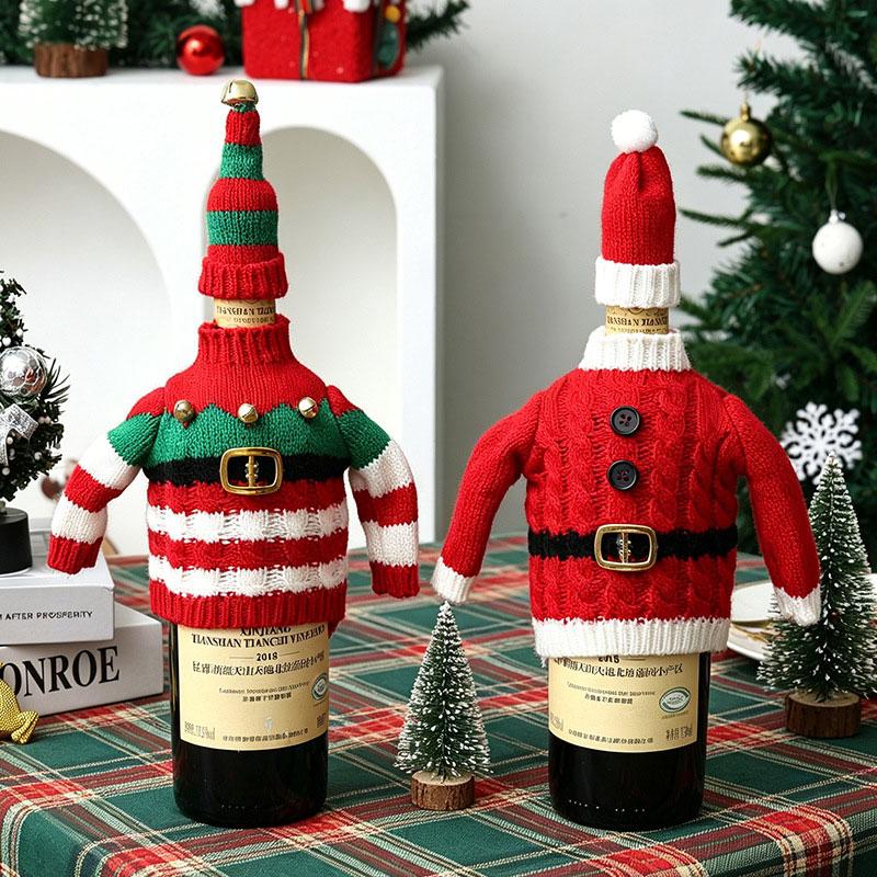 1Set Knitted Clothing Sweet Bottle Decoration Ambience Decoration Acrylic Christmas Red Striped Pattern Champagne Protector