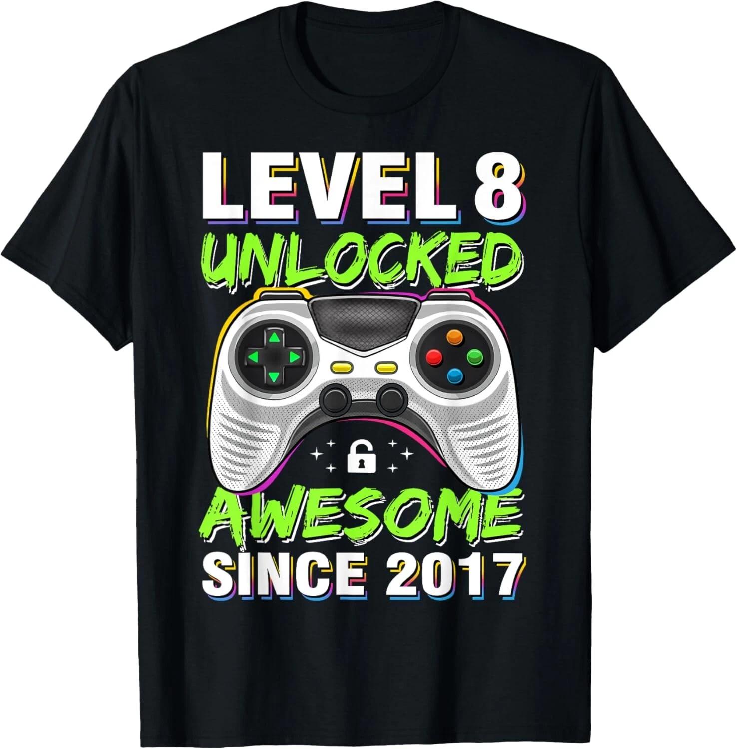 

Level 8 Unlocked Awesome Since 2017 8th Birthday Gaming Boys Gift Unisex T-Shirt S
