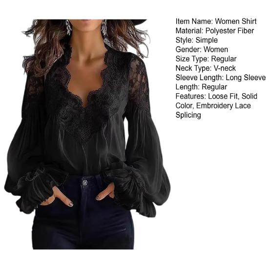 Women Shirt V-Neck Pleated Puff Long Sleeve Summer Shirt Embroidery Lace Splicing Loose Fit Shirt Tops Parties Travel Wear