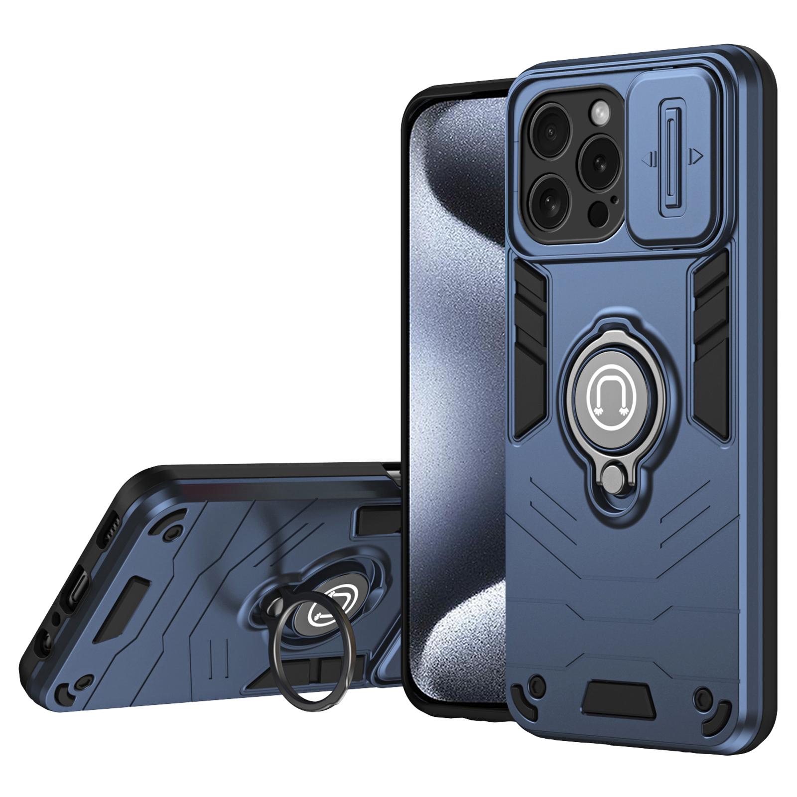 

For iPhone 15 Pro Case with Slide Camera Cover PC+TPU Phone Protector Ring Holder Blue