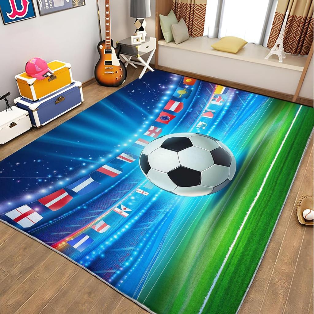 Stilvoller Teppich mit Fußballmotiv – Weiche rutschfeste Bodenmatte für Kinderzimmer & Wohnzimmer | Strapazierfähiger Spielbereichsteppich für junge Sportfans