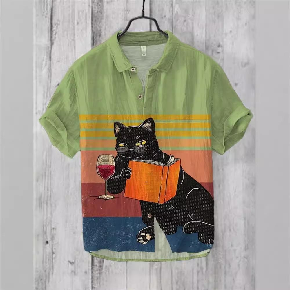 Summer Fashion Large Size Youth Men's Short Sleeve Shirt Linen Cardigan Lapel Funny Cat Ink Painting Print