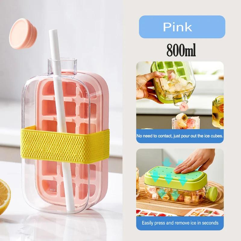2-in-1 Portable Ice Cube Maker Cold Water Bottle with Straw Silicone Ice Cube Tray Easy Press Demould Zero Contact Ice Cube Mold