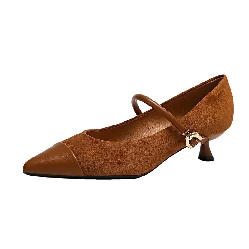 Fashion 2025 French Sexy Pointed Toe High Heels Women Brown Retro Suede Mary Jane Shoe Elegant Kitten Heel Shoes for Women Evening Heels