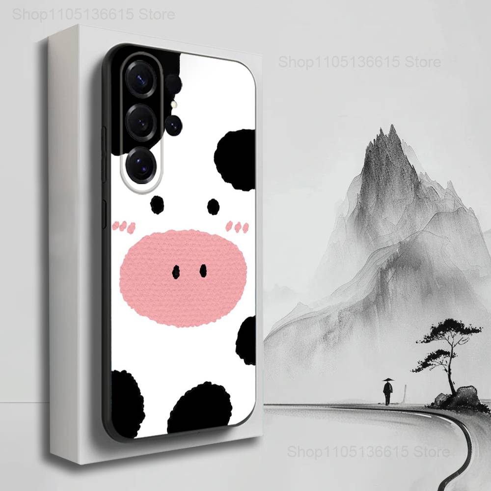 Cartoon Print Cow Cute Phone For Samsung S25,S10,S20,S10,S21,S9,S24,S23,Ultra,FE,Plus,Lite,Soft Silicone Black Cover