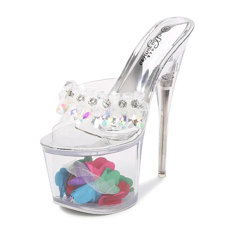

Drag super high heel stiletto waterproof platform 17CM catwalk shoes pole dancing shoes nightclub women s l sandals transparent 34