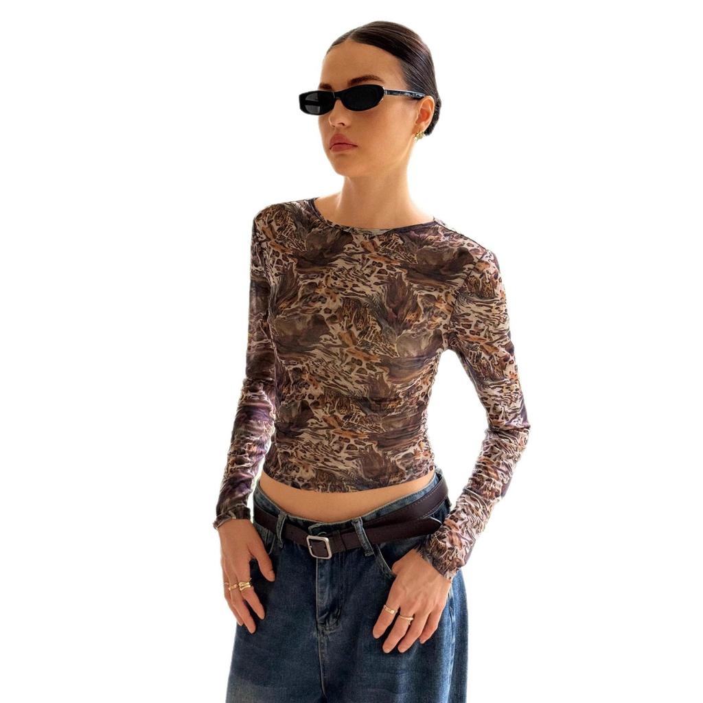 Mesh Sexy Leopard Sheer Slim Long Sleeve Base Layer Top Women Can Be Worn Outside Fashion Daily Basic Office Lady Casual Slim Fit Ladies Elegant Top