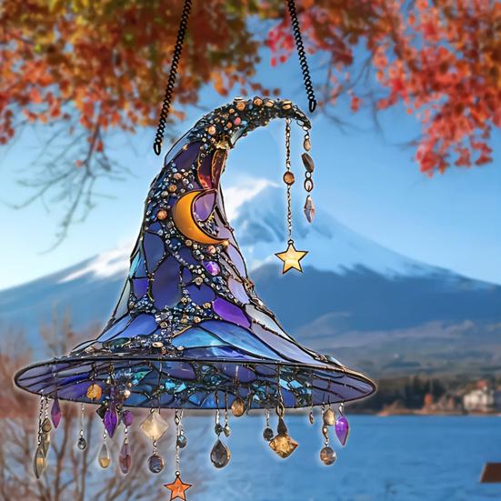 2Pcs Halloween Sun Catcher 2D Acrylic Witch Hat Hanging Ornament