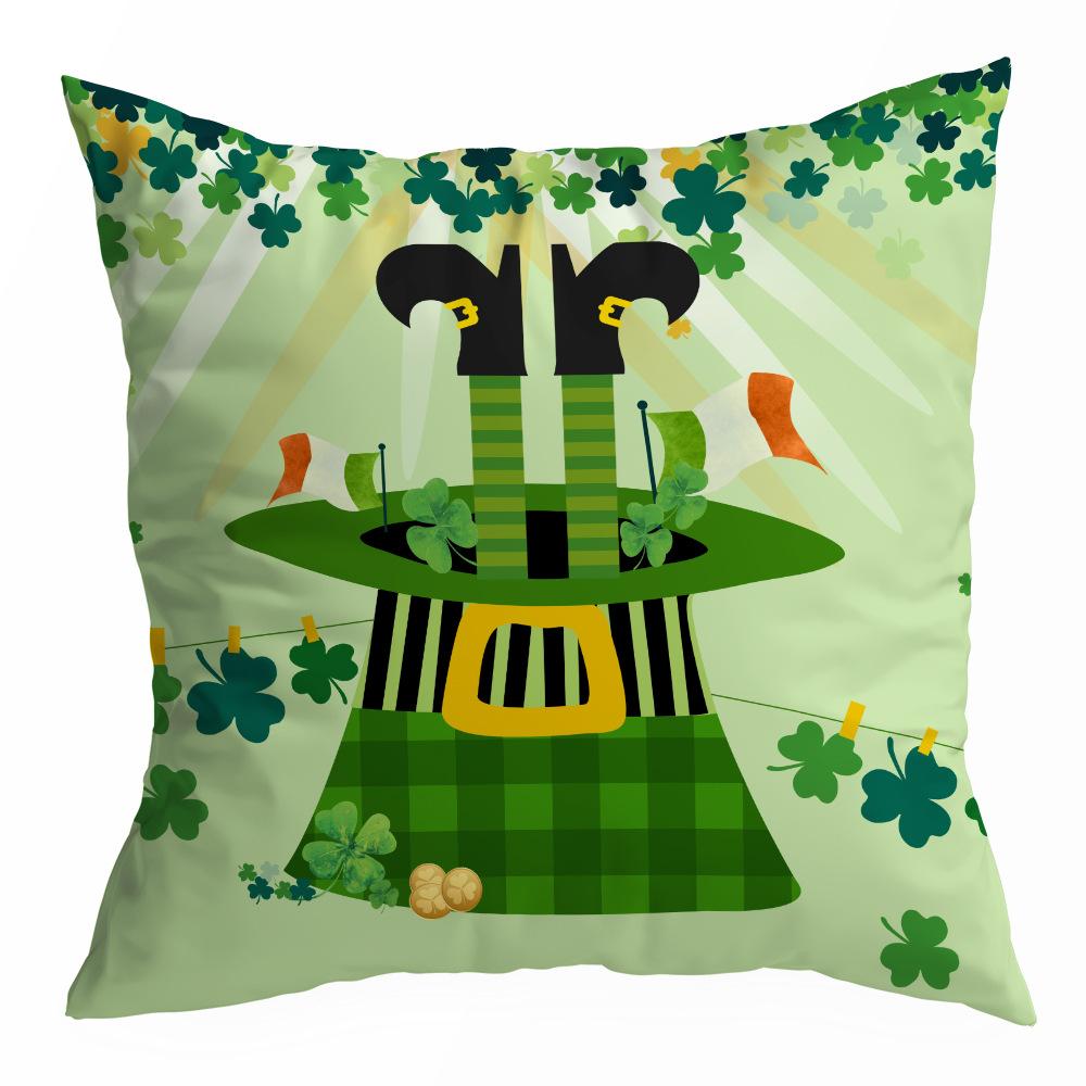 St. Patrick's Day Peach Skin Velvet Pillowcase, Green Four-leaf Clover Printed Sofa Pillow Cushion
