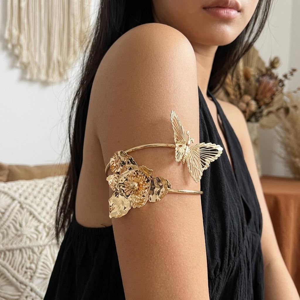 Sexy Hollow Butterfly Cuff Bracelet for Women Gold Color Flower Arm Bangle Beach Vacation Party Jewelry Gift