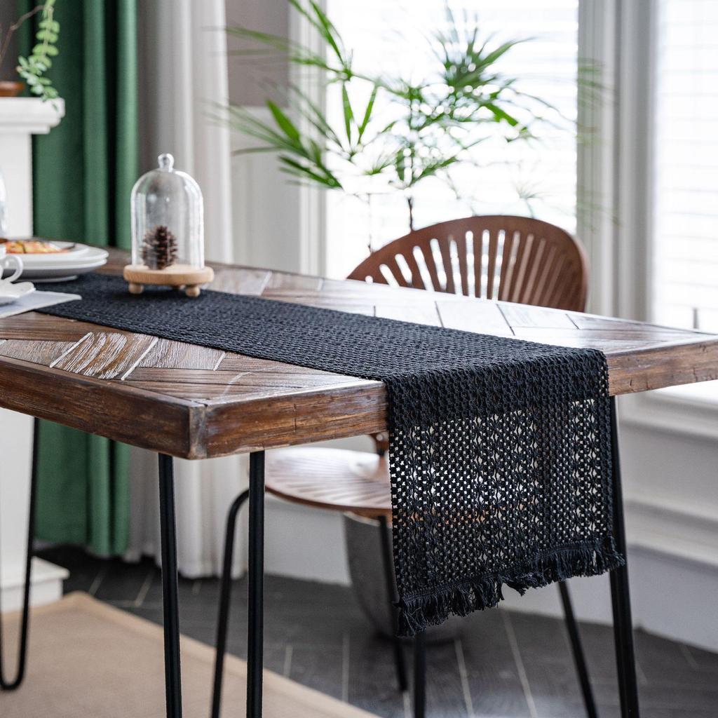 Chemin de table Imanqi Yun Coton Lin Rayé Bicolore avec Pompons Tissés