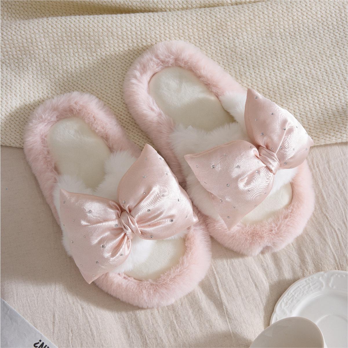 

Halluci Peep-Toe Rhinestone Bow Plush Slippers - Warm & Non-Slip for Autumn/Winter Size 36-37 розовый