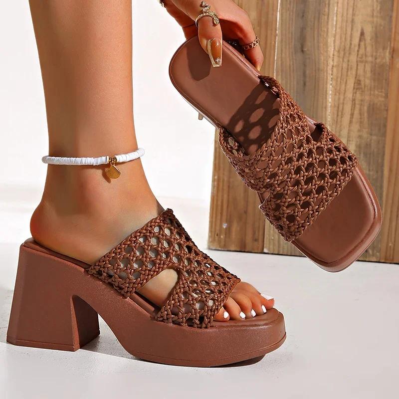 Mode Rimocy Klobige Plateau Übergröße Damen Sandalen Sommer Neu Geflochtene Hohe Absatz Sandalen Einfarbig Strand Dicke Sohle Schuhe Damen