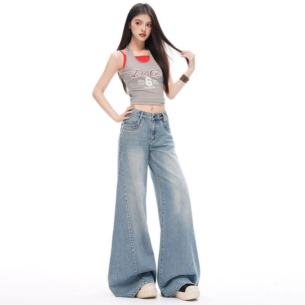 Spring Summer Vintage Deconstruct Design Relaxed Flare Wide Leg Denim Pants For Ladies Casual Pants Oversize Denim Trousers