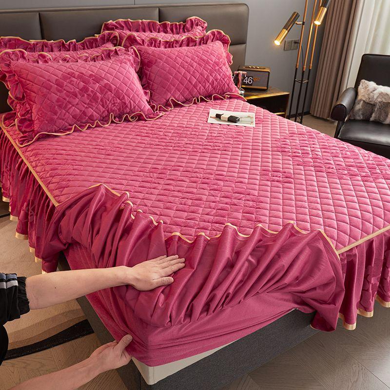 Plush Cotton Bed Sheet with Skirt Edge Thickened Warm Dustproof Fully Wrapped Bed Skirt Winter Protective Cover Bed Cover