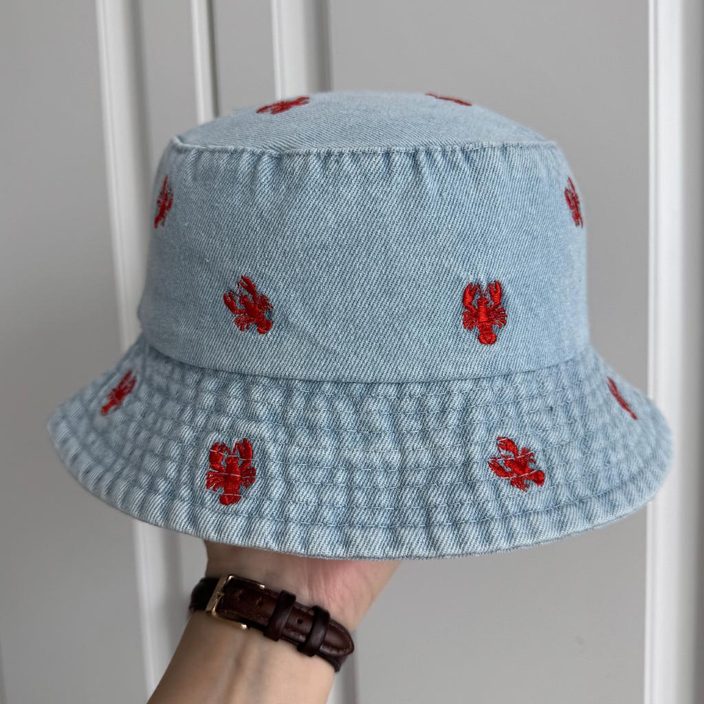 New Strawberry Denim Embroidered Shell Bucket Hat Men's and Women's Sunshade Basin Hat Spring and Summer Fashion Versatile Tide