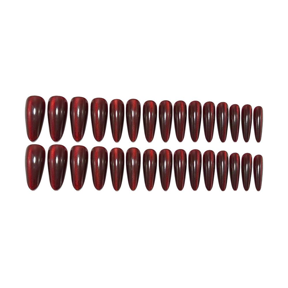 Deep Wine Red Cat Eye Almond Fake Nails - 30 Piece Set