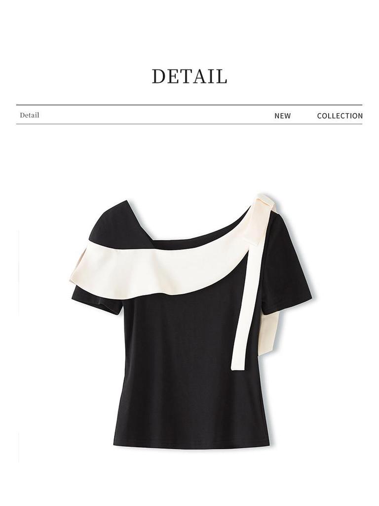 Color Block Stitching Irregular T-shirt - Women's Summer Slim Fit Short Sleeve Top In Gentle Temperament Style