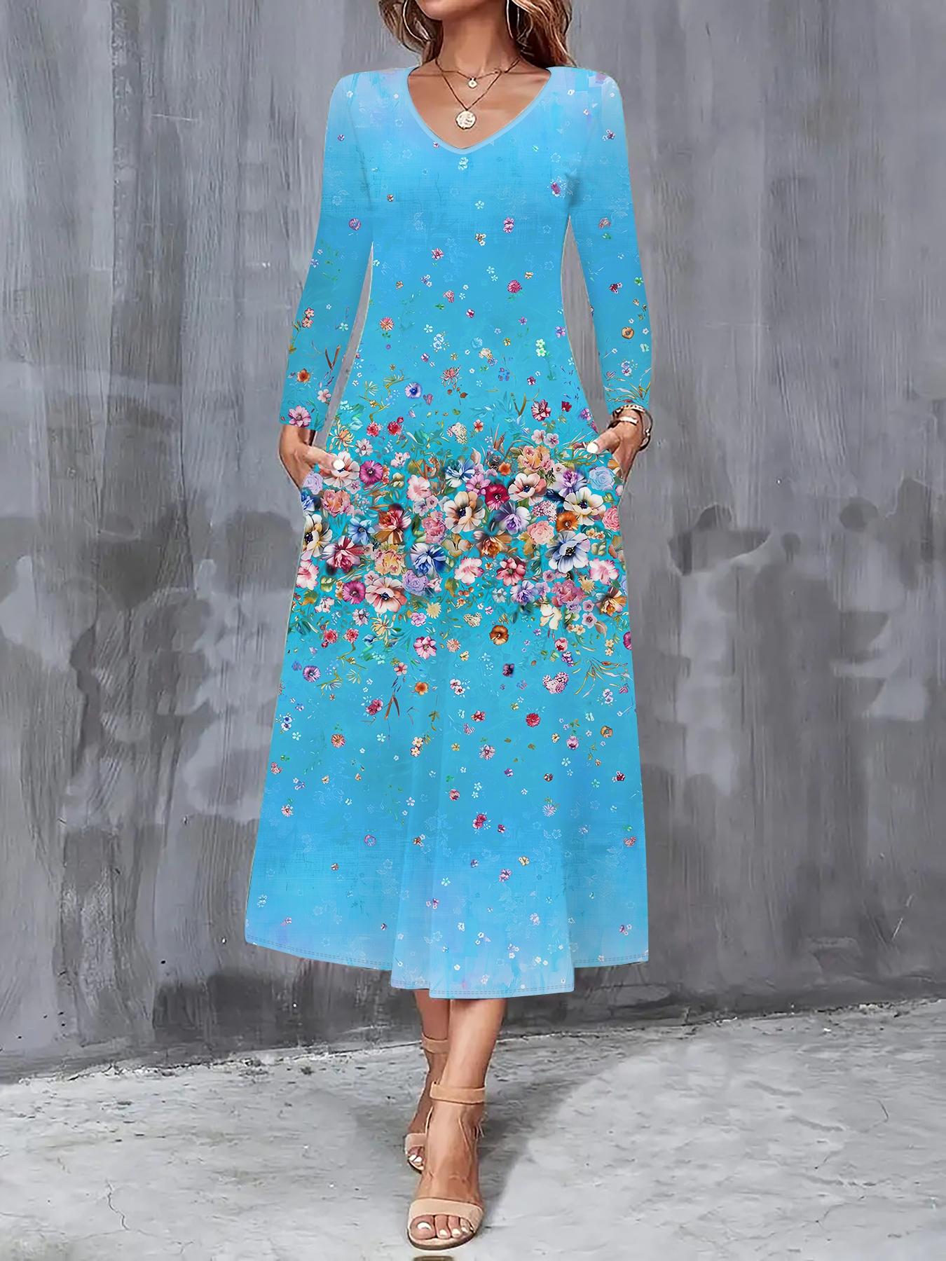 

2025 Осінньо-зимовий новий жіночий повсякденний модний плаття Осінній 3D квітковий принт Довгий рукав V-подібний виріз А-силуетні плаття XXL синій