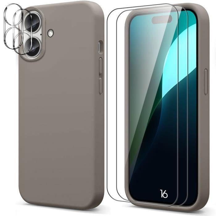 Coque de protection - silicone - iphone 16 - gris - 2 vitres verre trempé - antidérapante