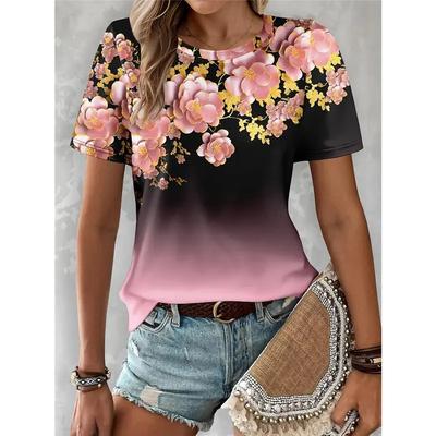 Damen Sommer T-Shirt Floral Lässig Urlaub 3D Farbverlauf Druck Kurzarm Modisch Vielseitig Rundhals Oberteil