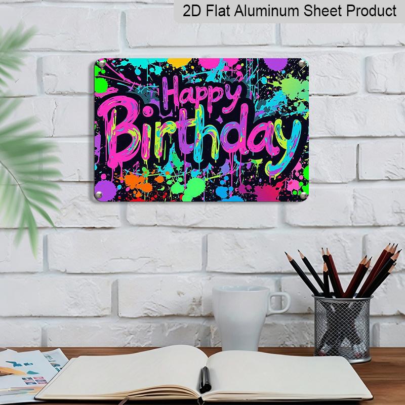 2D Flat, 1pc "Happy Birthday" Graffiti Style Plaque - Colorful Neon Birthday Decor Sign, Black & Multicolor - Aluminium Wall Hanging Decoration for