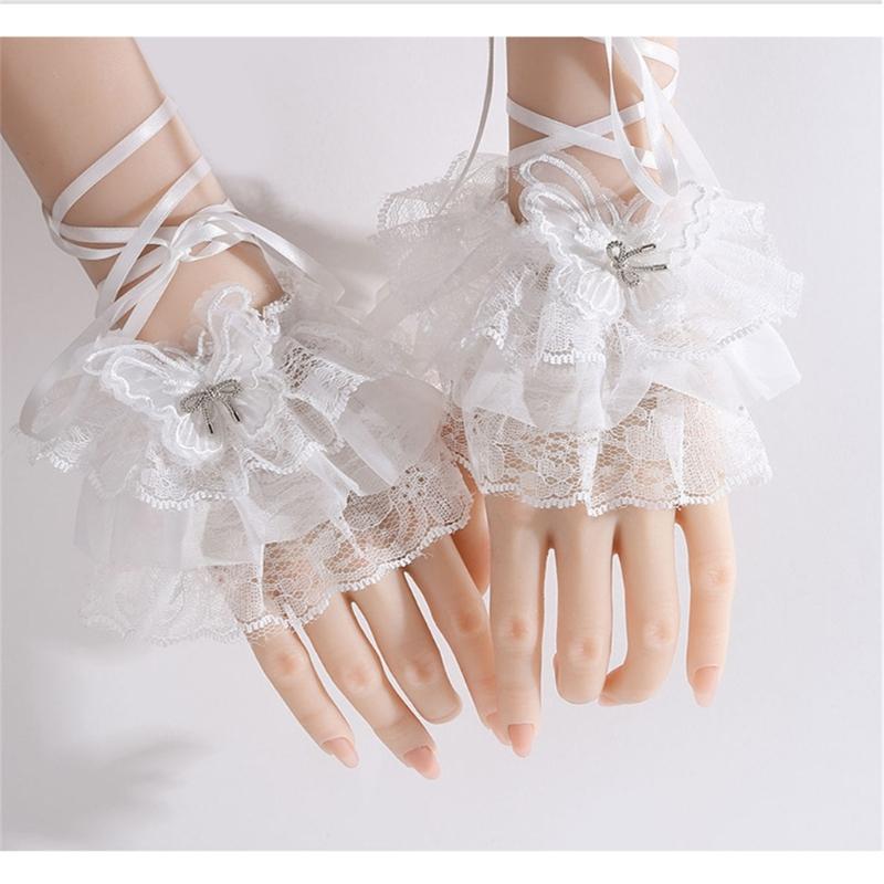 Lolitas Lace Gloves Layer Ruffle Hand Sleeves Elastic Bracelet for Halloween,Wedding,Party,Masquerade,Nightclub