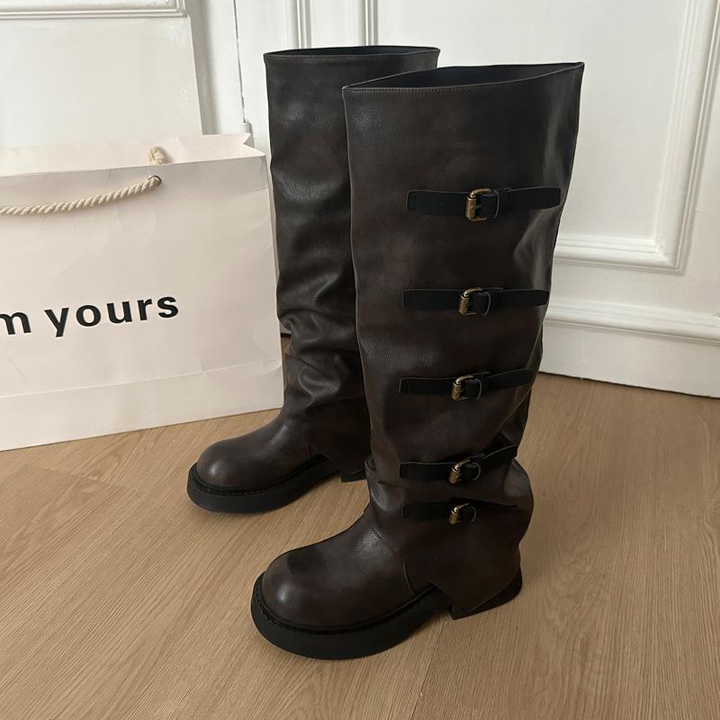 Retro Pleated Stacked Boots Women's 2025 New Long Western Cowboy Boots High Thick Heel Thick-soled Martin Boots Women