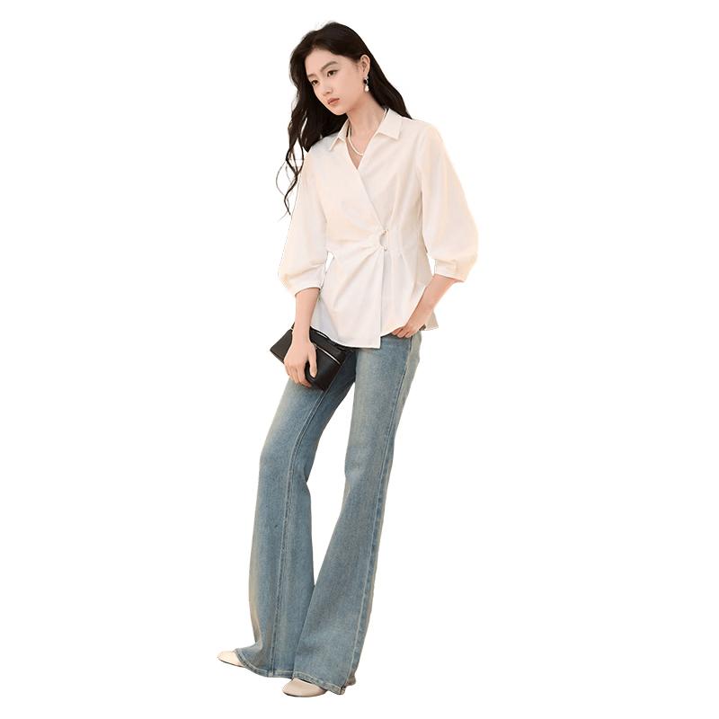 

Xiangying Women s White V-Neck French Style Waist-Cinching Shirt M