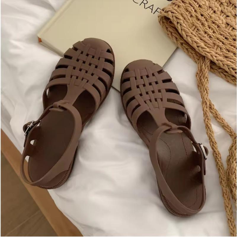 Fashion Retro Woven Roman Sandals Women's Summer Korean Sle Fairy Wind Flat Bot Jelly Oes Beach Oes Breathable Open Toe