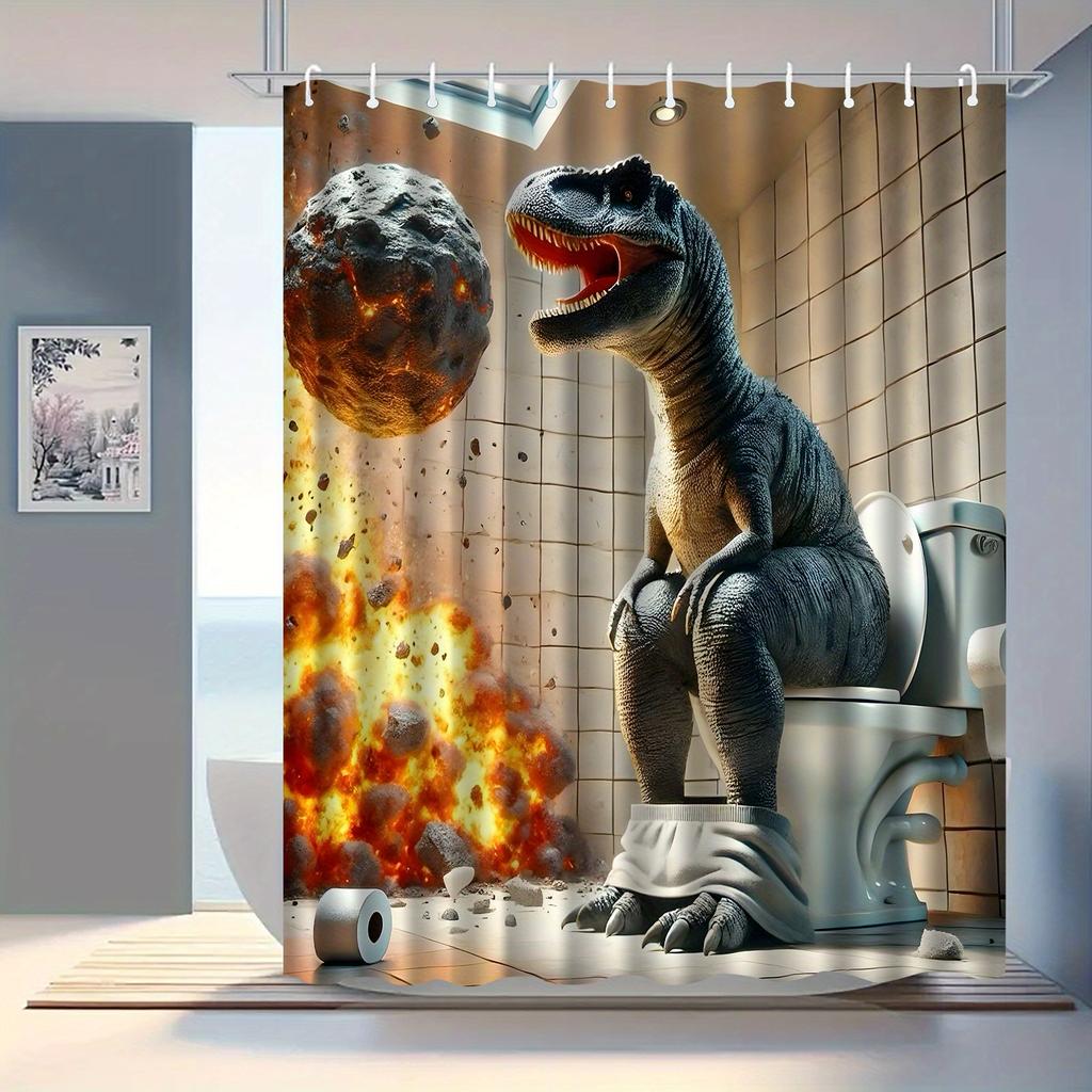 Funny Dinosaur Shower Curtain T Rex On Toilet Meteor Impact Cartoon Art Creative Bathroom Decor Waterproof Printed Bath Curtain