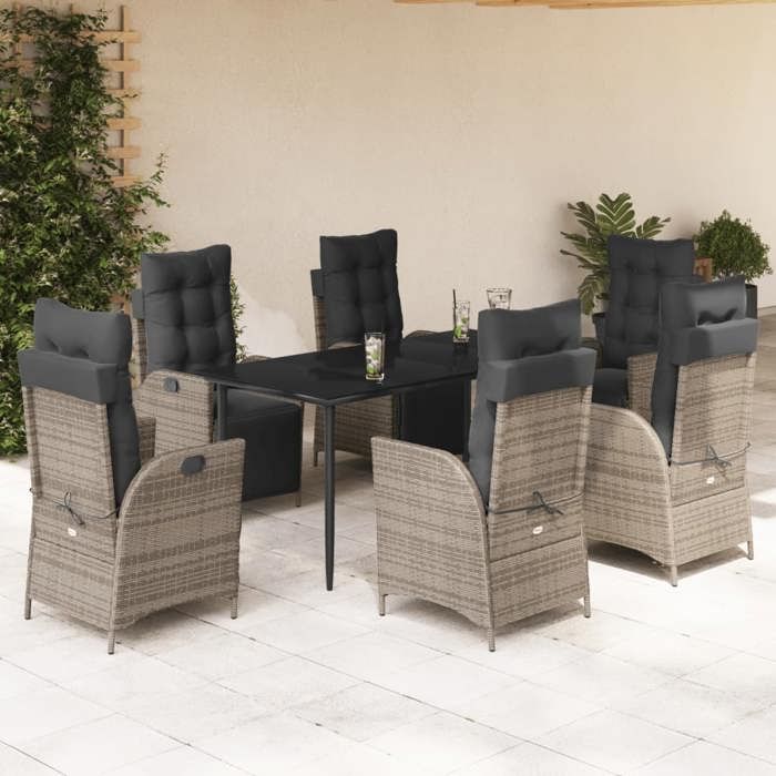 VidaXL Ensemble à Manger de Jardin avec Coussins 7 pcs, Table et Chaises avec Dossier et Repose-pied Réglables, Meubles 3213424